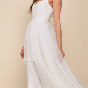 Lulus Ivory Swiss Dot Pleated Tiered Midi Dress - Size L